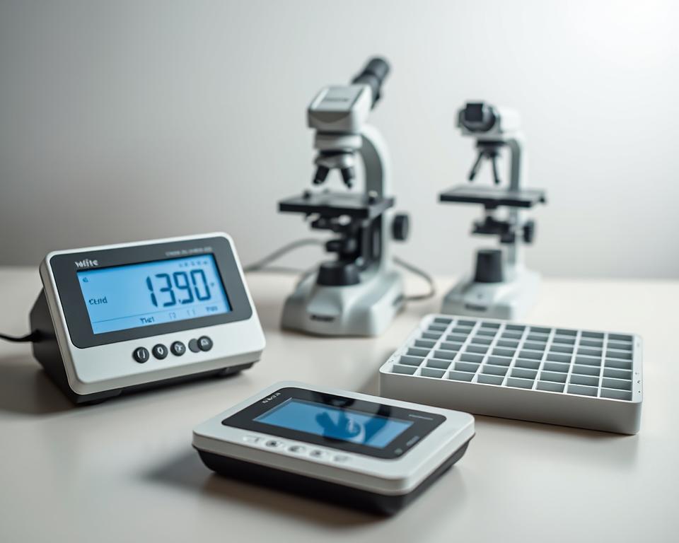 A sleek, minimalist tabletop showcasing an array of monitoring devices for varroa mite control. In the foreground, a digital mite counter with a clear display and precise readings. In the middle ground, a microscope with high magnification for detailed mite inspection. Beside it, a sampling tray with a grid pattern for accurate mite population assessment. The background features a clean, well-lit setup with neutral-toned surfaces, allowing the monitoring equipment to take center stage. Diffused, natural-looking lighting illuminates the scene, emphasizing the technical precision and efficacy of these specialized tools for safeguarding honey bee colonies.