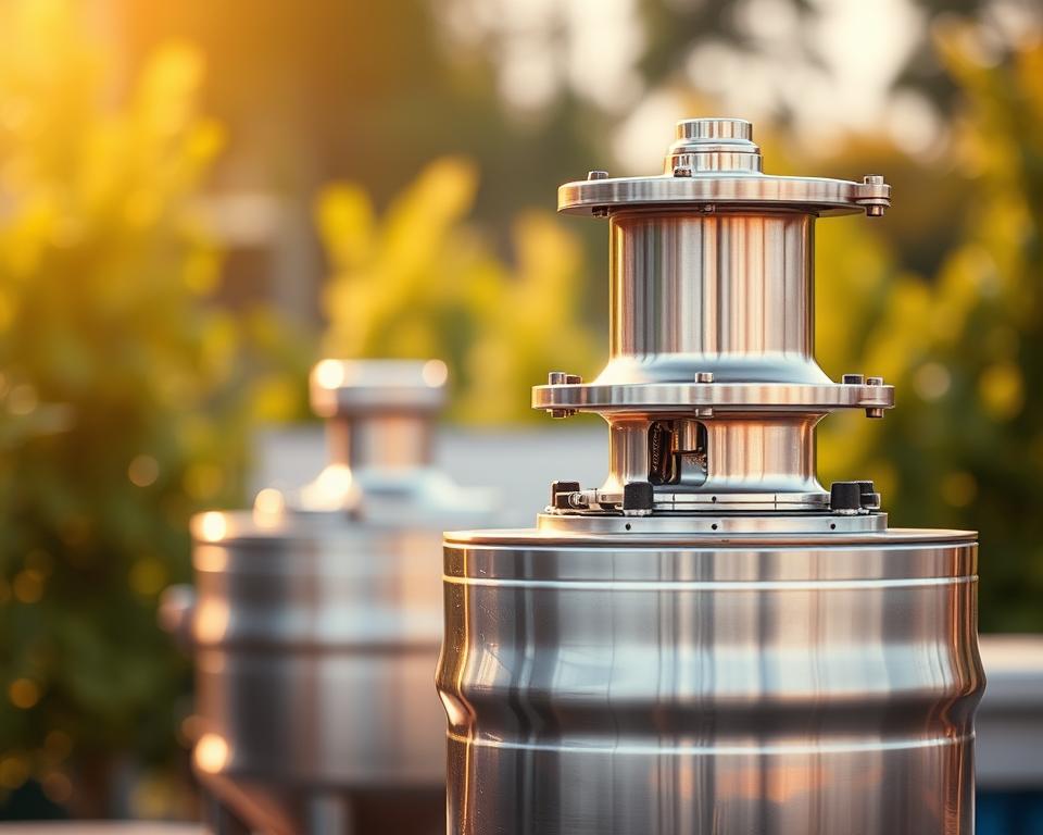 A sleek, modern honey extractor stands prominently in the foreground, its stainless steel surfaces gleaming under warm, directional lighting. In the middle ground, the device's intricate mechanisms are visible, showcasing the precision engineering that ensures efficient and thorough honey extraction. The background features a softly blurred, natural-looking setting, hinting at the lush, verdant apiaries where this equipment would be used. The overall atmosphere conveys a sense of quality, professionalism, and the pride that comes with investing in top-tier extraction equipment to maximize honey yield.