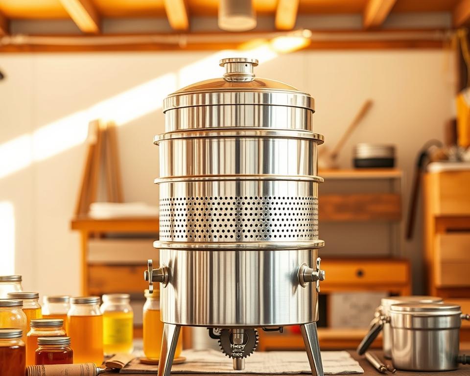 A sleek, stainless steel honey extractor stands prominently in a bright, well-lit workspace. Its perforated drum and gear-driven mechanism are visible, hinting at the efficient honey harvesting process. The device is surrounded by jars, combs, and other beekeeping tools, creating a sense of a professional, organized apiary. Warm, natural lighting from overhead illuminates the scene, casting subtle shadows that accentuate the extractor's form and function. The overall impression is one of a practical, high-quality tool essential for the successful harvesting of honey, complementing the article's focus on essential beekeeping equipment.