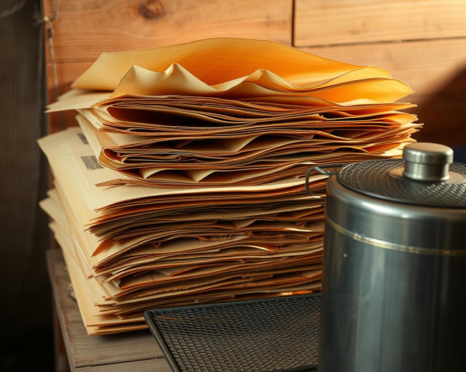 A stack of crumpled paper and corrugated cardboard arranged in a well-ventilated pattern, casting warm, flickering shadows against a rustic wooden backdrop. The smoker's metal body rests nearby, its mesh grate ready to hold the combustible materials. Soft, ambient lighting illuminates the scene, evoking the natural, earthy tones of a beekeeper's workshop. The arrangement suggests a practical, time-tested method of providing fuel for a smoker, conveying a sense of tradition and resourcefulness within the art of beekeeping.