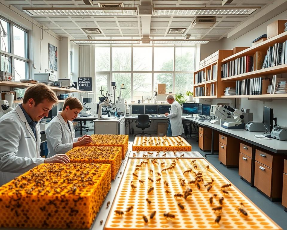 A state-of-the-art laboratory filled with sophisticated scientific equipment, from high-resolution microscopes to advanced data analysis tools. Bright, natural lighting filters in through large windows, casting a warm, focused glow on the scene. In the foreground, a group of dedicated researchers pore over intricate hive models, studying the complex behaviors and colony dynamics of honeybees. The middle ground reveals a panoramic view of the lab, with various workstations and computer displays showcasing the latest CCD research findings. In the background, shelves brimming with reference materials and scientific journals hint at the depth of knowledge being cultivated. An atmosphere of focused curiosity and innovation permeates the space, reflecting the future of bee research.