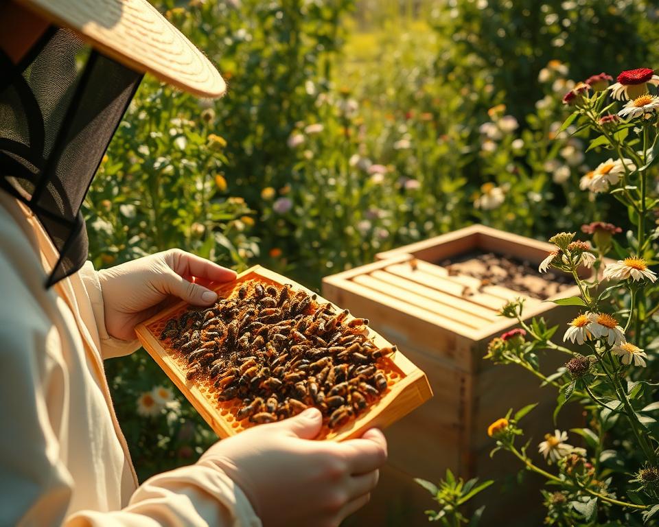 A sun-dappled apiary, nestled amidst verdant foliage. In the foreground, a beekeeper carefully holds a frame, guiding a cluster of worker bees as they build honeycomb. The middle ground reveals an open hive, its residents buzzing with activity, a testament to the colony's thriving state. In the background, lush flora provides an ideal habitat, with wildflowers and shrubs in full bloom, attracting pollinators and offering ample nectar sources. Soft, warm lighting illuminates the scene, casting a golden glow and evoking a sense of harmony between the bees and their natural environment. The overall composition conveys the tranquility and abundance of a healthy, well-established beekeeping colony, ready to be split and expanded.