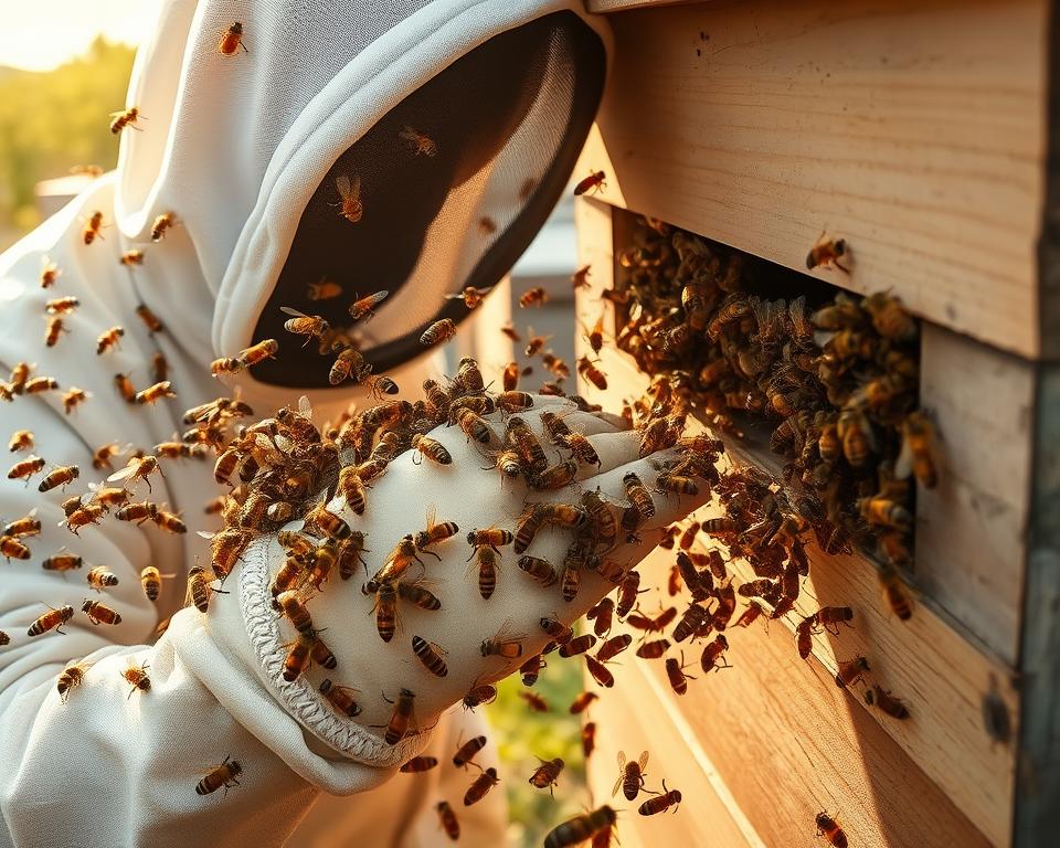 A swarm of angry honey bees swarming around a beekeeper's hand, attempting to defend their hive from an intrusion. The beekeeper, wearing a full protective suit, is carefully inspecting the hive entrance, assessing the intensity of the robbing event. The background is a sun-dappled apiary, with other hives in the distance. The scene conveys a sense of tension and urgency, as the beekeeper must act quickly to mitigate the robbing and protect the vulnerable colony. Soft, warm lighting illuminates the intense interaction between the bees and the beekeeper, heightening the drama of the moment.