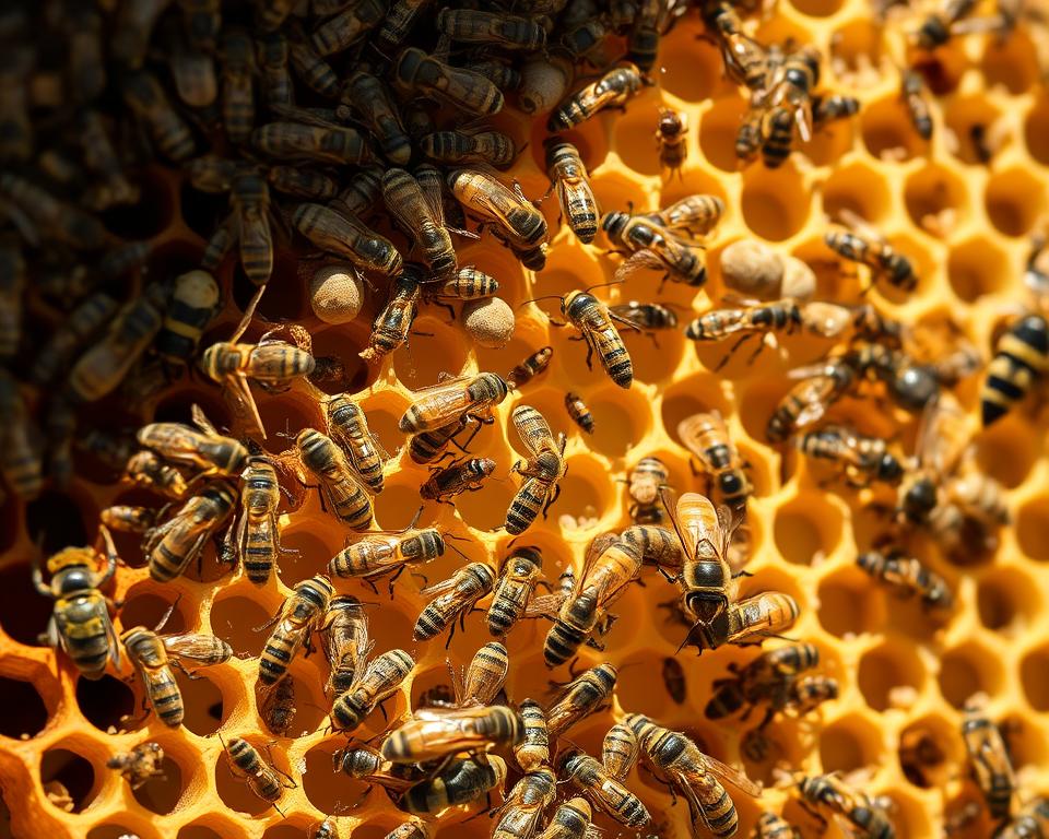 A swarm of common bee pests, including a cluster of varroa mites, a wax moth larva, and a small hive beetle, crawling and infesting a honeycomb in a close-up, hyper-realistic view. The hive is illuminated by soft, natural lighting, casting intricate shadows and textures. The composition emphasizes the invasive nature of these pests, capturing their intricate details and the threat they pose to the delicate balance of the beehive. The overall mood is one of concern and the need for vigilant inspection.