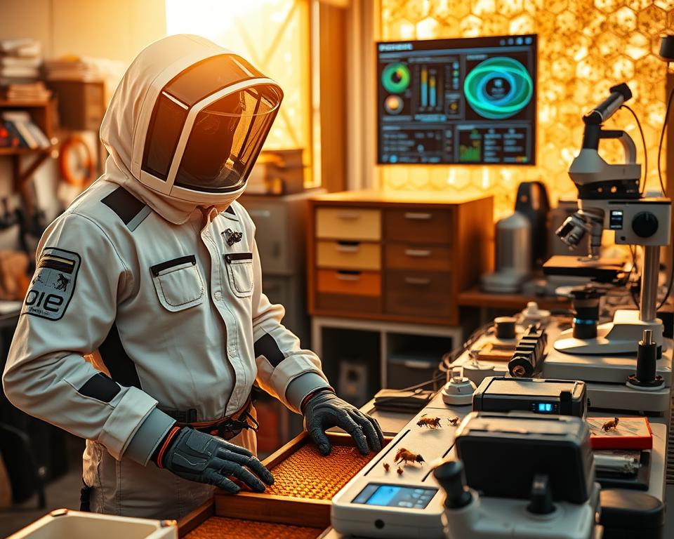 A technologically-advanced beekeeper's workstation, bathed in warm, natural lighting and showcasing the latest innovations in apiculture gear. In the foreground, a high-tech beekeeping suit with integrated sensors and climate controls, surrounded by an array of precision tools - smokers, hive tools, and advanced honeycomb analysis devices. In the middle ground, a sleek, AI-powered beehive monitoring system displaying real-time data on colony health, honey production, and environmental conditions. The background reveals a modern, ergonomic workbench with 3D-printed components, digital scales, and a microscope for detailed inspection of bee samples. An atmosphere of innovation, efficiency, and a deep respect for the art of beekeeping.