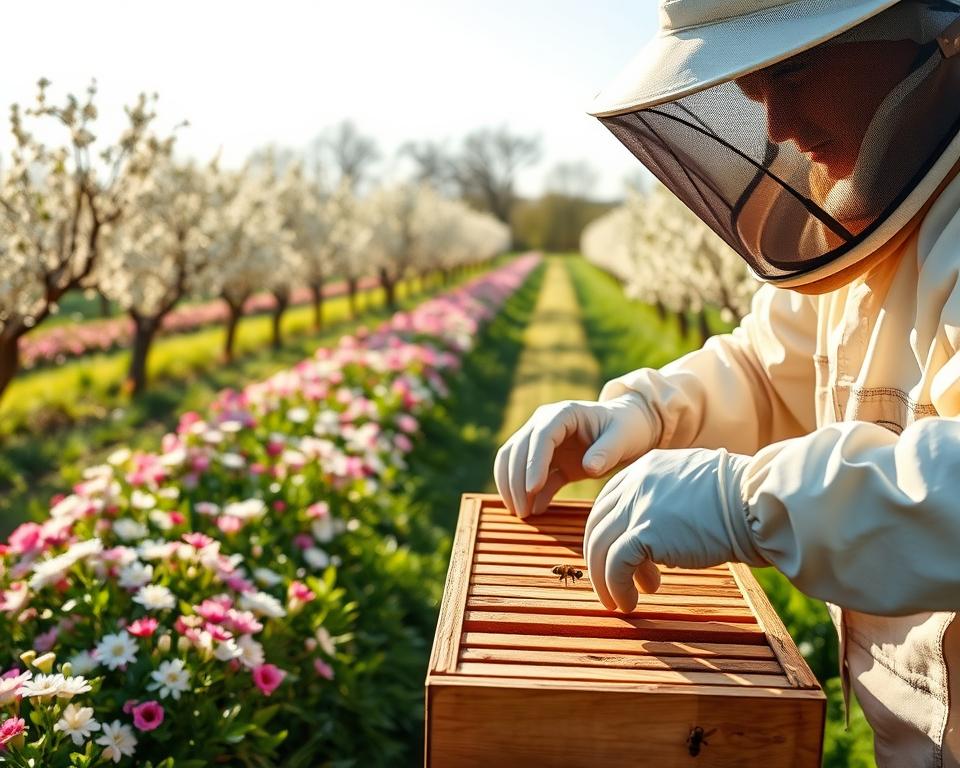 A vibrant spring scene of beekeeping tasks, captured with a soft, natural lighting and a shallow depth of field. In the foreground, a beekeeper in full protective gear carefully inspects a wooden beehive, their hands skillfully manipulating the frames. In the middle ground, rows of blooming flowers and lush greenery create a colorful backdrop, while a few honeybees flit between the blossoms. The background features a tranquil, sun-dappled orchard, with gently swaying trees and a serene, pastoral atmosphere. The overall mood is one of industrious, yet peaceful, activity, conveying the essential springtime tasks of the dedicated beekeeper.