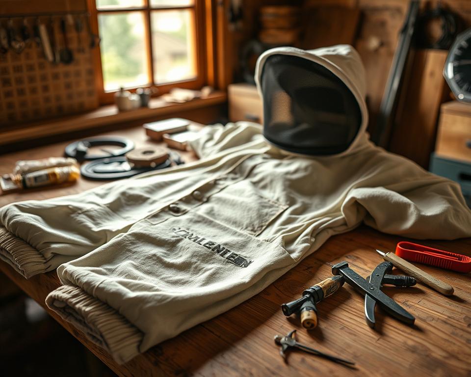 A well-lit close-up of a beekeeper's protective suit laid out on a wooden workbench, with various tools and accessories neatly arranged alongside it. The suit's fabric is visibly weathered, yet meticulously maintained, showcasing the care and attention given to this essential piece of equipment. In the background, a window allows natural light to filter in, casting a warm glow over the scene. The overall atmosphere conveys a sense of diligence and pride in the proper upkeep of one's beekeeping gear.