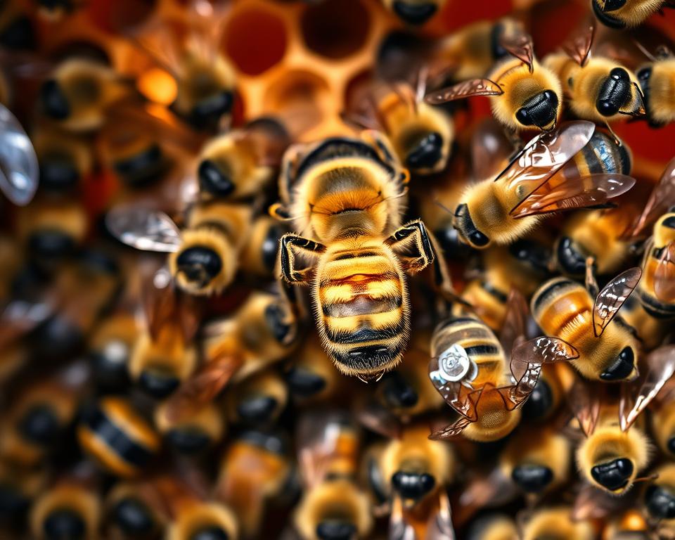 A well-lit close-up of a queen bee surrounded by her worker bees, set against a blurred background of a beehive interior. The queen bee is centered, her golden abdomen and delicate wings in sharp focus. The worker bees, in various shades of brown and black, are arranged in a protective, attentive pattern around her. Soft natural lighting filters through the hive, casting a warm, honey-toned glow. The scene conveys the essential role of the queen in hive management, with the workers tending to her needs and maintaining the health of the colony.