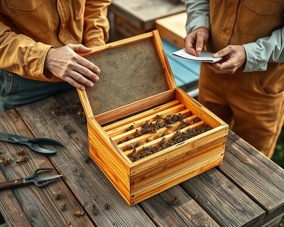 A well-lit close-up shot of two beekeepers carefully evaluating a wooden bee nuc box. The nuc is displayed on a weathered wooden table, surrounded by various beekeeping tools and equipment. One beekeeper is lifting the lid, examining the frames and brood inside, while the other takes notes. Warm, natural lighting accentuates the textures of the wood and the activity within the nuc. The scene conveys a sense of thoughtful assessment, as the beekeepers methodically inspect the nuc for signs of a healthy, thriving bee colony, preparing to make an informed decision about its purchase.