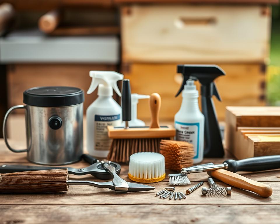 A well-lit close-up shot of various varroa mite treatment tools arranged neatly on a wooden workbench. In the foreground, a selection of essential equipment such as a smoker, hive tool, and bee brush, all in pristine condition. In the middle ground, a tidy arrangement of essential maintenance items like a scrub brush, disinfectant spray, and spare parts. The background features a softly blurred view of a beehive, hinting at the context of this equipment's purpose. The overall mood is one of meticulous organization and care, conveying the importance of proper maintenance for effective varroa mite treatment.