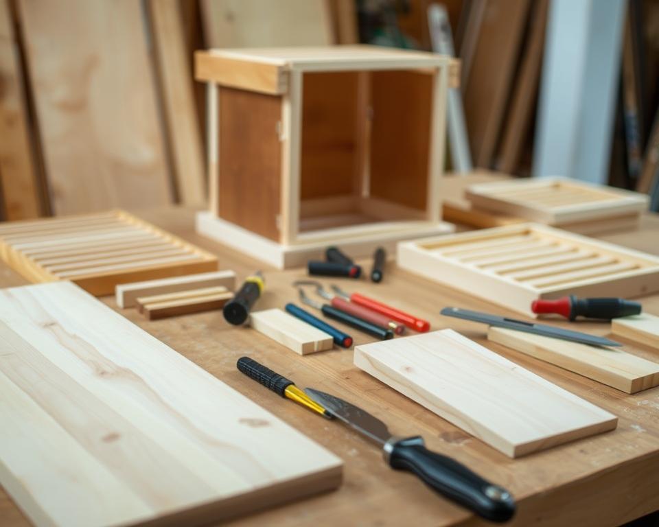 A well-lit, close-up view of a DIY beehive assembly, showcasing the various components laid out on a wooden workbench. The foreground displays the pre-cut wooden panels, hive frames, and tools needed for assembly, arranged in an organized manner. The middle ground features a partially assembled hive, providing a clear visual guide to the construction process. The background subtly blurs, emphasizing the focus on the assembly details. The scene conveys a sense of precision, attention to detail, and a DIY spirit, capturing the essence of the "Common Mistakes to Avoid in Hive Assembly" section.