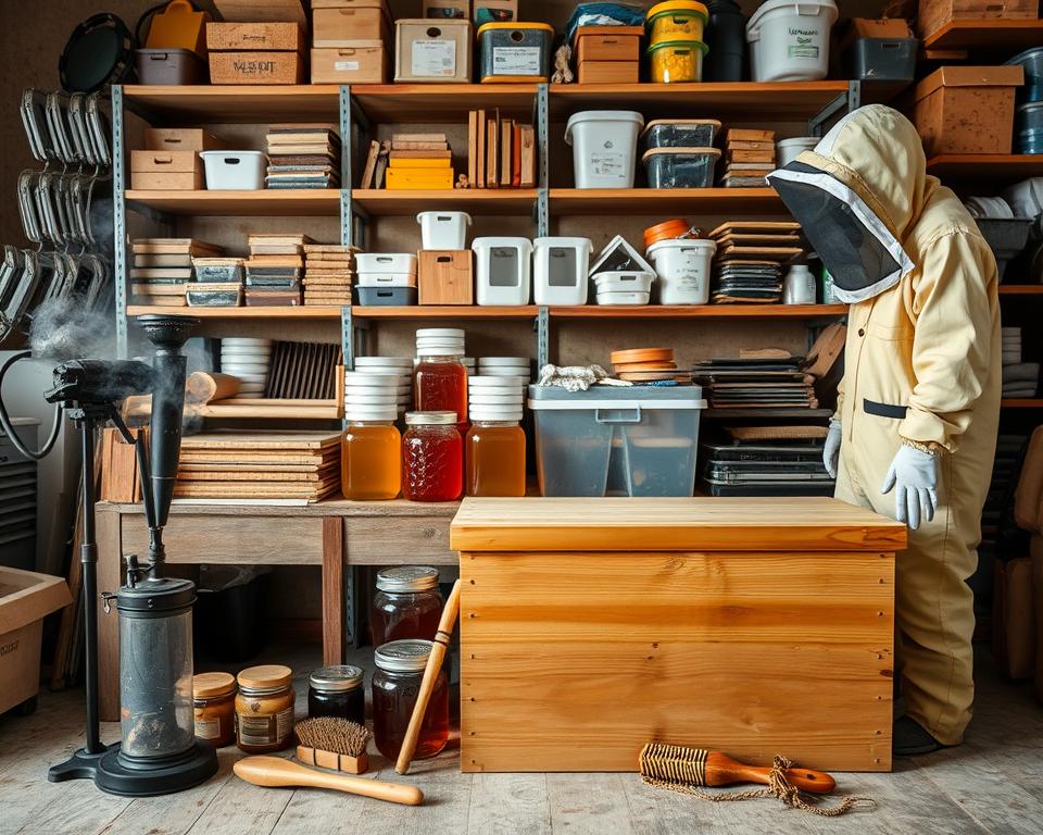 A well-lit, detailed scene of an assortment of beekeeping supplies. In the foreground, a wooden beehive box, a smoker, and a bee suit with a veil. In the middle ground, jars of honey, a bee brush, and a hive tool. In the background, shelves filled with various beekeeping accessories such as frames, extractors, and feeding containers. The scene is captured with a wide-angle lens, creating a sense of depth and emphasizing the comprehensive nature of the setup. The overall mood is one of organization and preparation, reflecting the careful planning required for successful beekeeping.