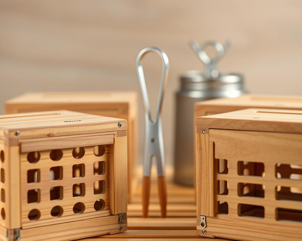 A well-lit, high-resolution close-up of an assortment of queen rearing equipment, including wooden queen cages and metal queen catchers. The cages are placed in the foreground, showcasing their intricate design with ventilation holes and secure lids. In the middle ground, the metal queen catchers are prominently displayed, their sleek, functional shapes hinting at their purpose of gently capturing and handling queens. The background features a blurred, neutral-toned backdrop, allowing the key equipment to take center stage. The overall scene conveys a sense of precision, organization, and the careful attention required for successful queen rearing techniques.