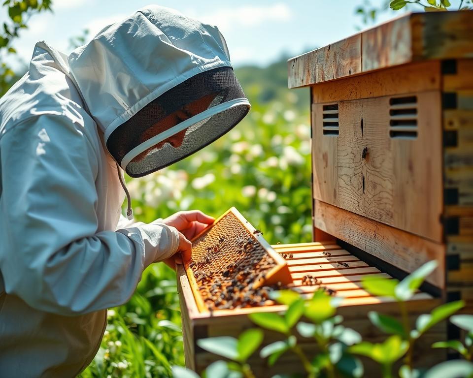 A well-lit, high-resolution image depicting the best practices for hive maintenance. In the foreground, a beekeeper in protective gear skillfully inspects the honeycomb frames, examining the health and activity of the colony. In the middle ground, the hive's exterior is showcased, with its wooden structure and ventilation panels. The background features a lush, verdant landscape with blooming flowers, hinting at the hive's natural environment. The scene conveys a sense of diligence, care, and harmony between the beekeeper and the thriving beehive.