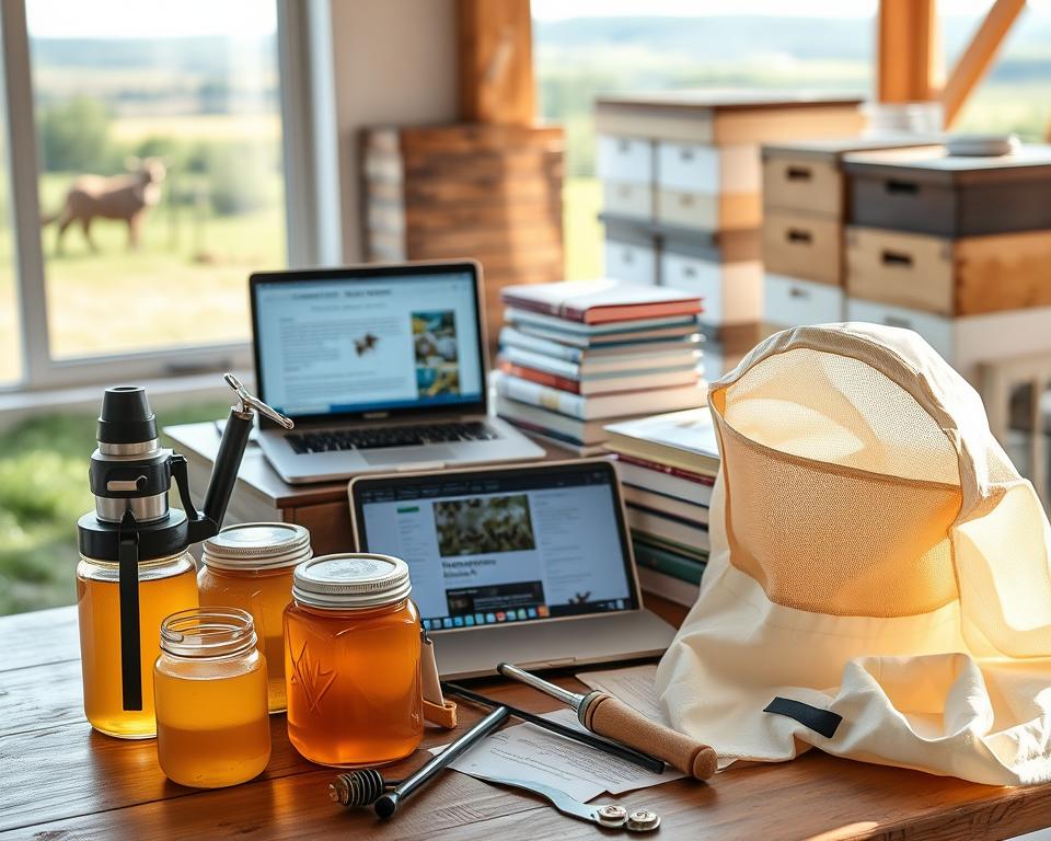 A well-lit, high-resolution image of a table filled with various beekeeping resources and tools. In the foreground, there are jars of honey, a smoker, a hive tool, and a beekeeping veil. In the middle ground, a stack of beekeeping books and a laptop displaying information about bee health. In the background, a set of beehives and a scenic rural landscape visible through a window. The lighting is soft and natural, creating a warm, inviting atmosphere. The composition is balanced and visually appealing, showcasing the essential elements needed for successful beekeeping.