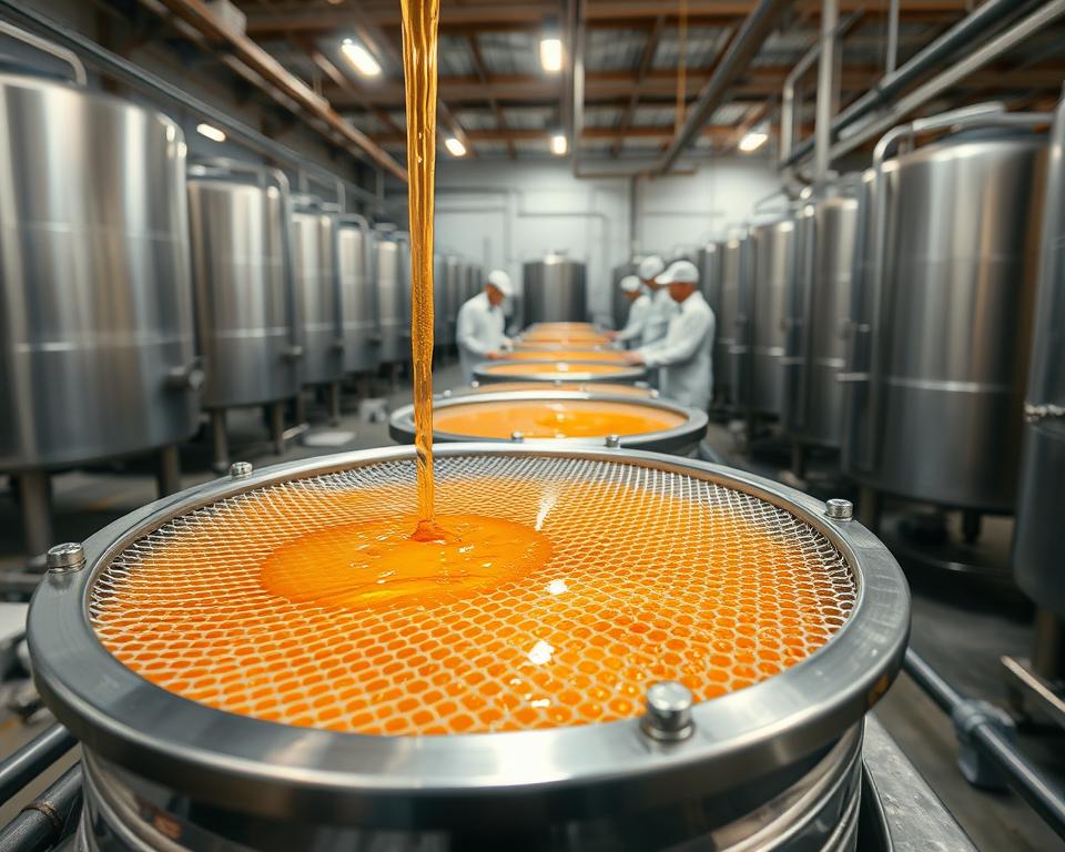 A well-lit, large commercial honey filtering station. In the foreground, a stainless steel mesh filter system with intricate honeycomb patterns, gently straining golden honey into a collection vessel below. In the middle ground, a team of workers in crisp white uniforms carefully monitoring the process, conveying a sense of efficiency and precision. The background features rows of steel tanks and pipes, conveying the industrial nature of the operation. Soft, diffused lighting illuminates the scene, highlighting the viscous, amber honey and creating a warm, inviting atmosphere. The overall impression is one of a meticulously organized, high-quality honey harvesting and processing facility.