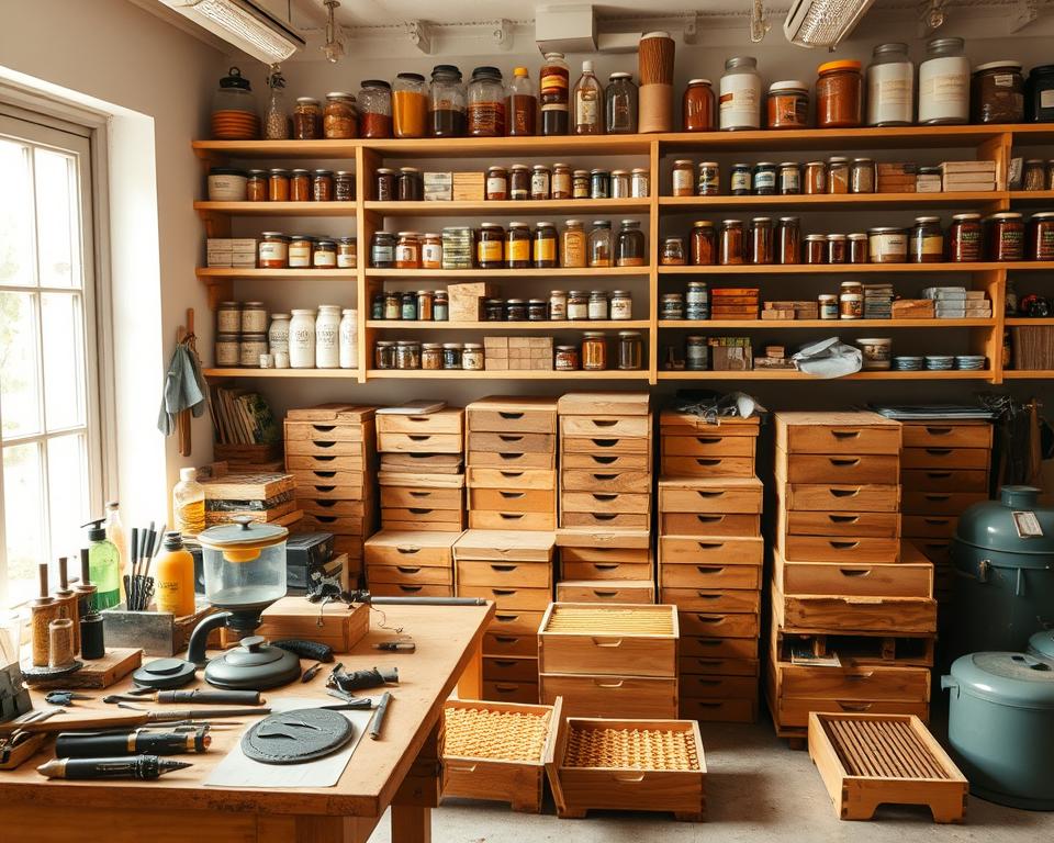 A well-lit, neatly organized workshop showcasing an assortment of beekeeping supplies. In the foreground, a sturdy wooden workbench displays an array of tools - smokers, hive tools, and protective gear like veils and gloves. On the shelves behind, rows of carefully labeled jars, bottles, and containers hold honey, wax, and other apiary essentials. The middle ground features stacks of wooden hive boxes, some open to reveal the intricate frames and honeycomb within. In the background, a large window lets in natural light, casting a warm glow over the scene and creating a sense of order and productivity. The overall atmosphere conveys the meticulous care and attention required for successful beekeeping.