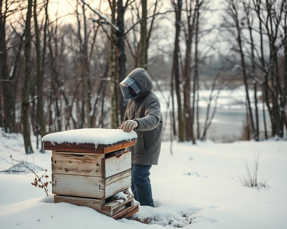 A winter landscape, with a snow-covered beehive nestled amidst a forest of bare trees. In the foreground, a beekeeper in thick winter garb, examining the hive with a watchful eye. Diffused natural light filters through the overcast sky, casting a soft, muted glow. The beekeeper's movements are deliberate and focused, capturing the care and attention required to maintain the hive during the colder months. In the background, a distant glimpse of a frozen pond or stream, adding to the serene, wintry atmosphere. The scene conveys the dedication and resilience of the beekeeper, working to ensure the well-being of their colony through the harshest season.