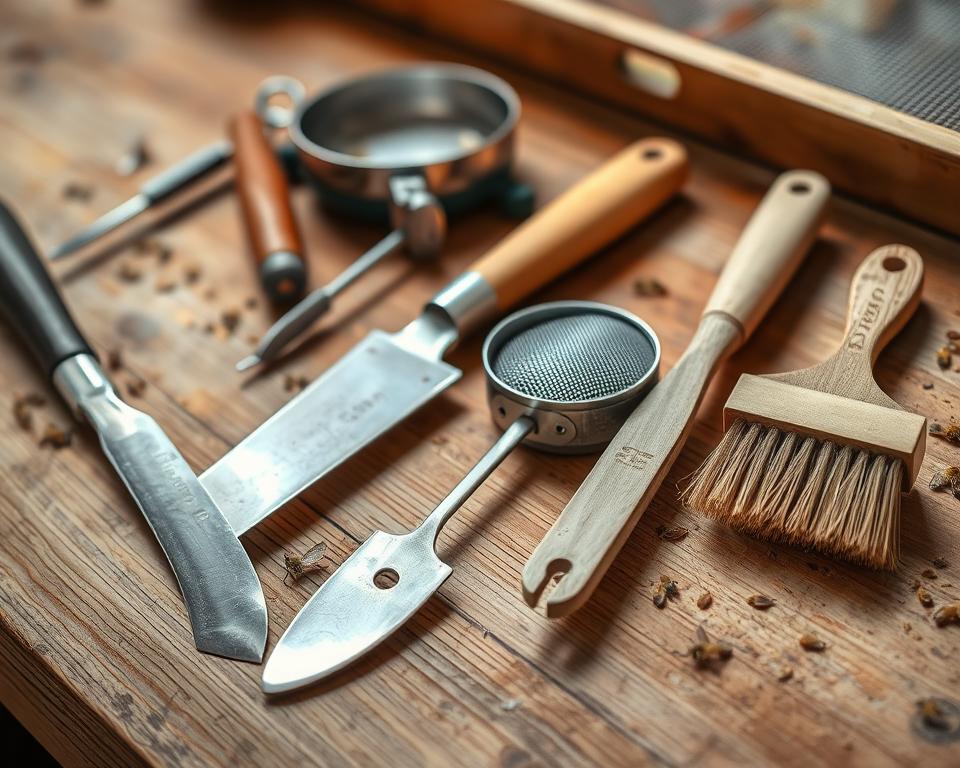 A workshop bench with an assortment of honey harvesting tools neatly arranged. Close-up view, evenly lit from above with soft shadows. The tools include a heated uncapping knife, a comb scratcher, a honey-filtering sieve, and a brush for cleaning frames. The tools are well-maintained, their metal surfaces gleaming, wooden handles polished. A sense of order and care pervades the scene, reflecting the pride and diligence of the beekeeper. The background is blurred, suggesting a focus on the tools and their upkeep, essential for producing high-quality honey.