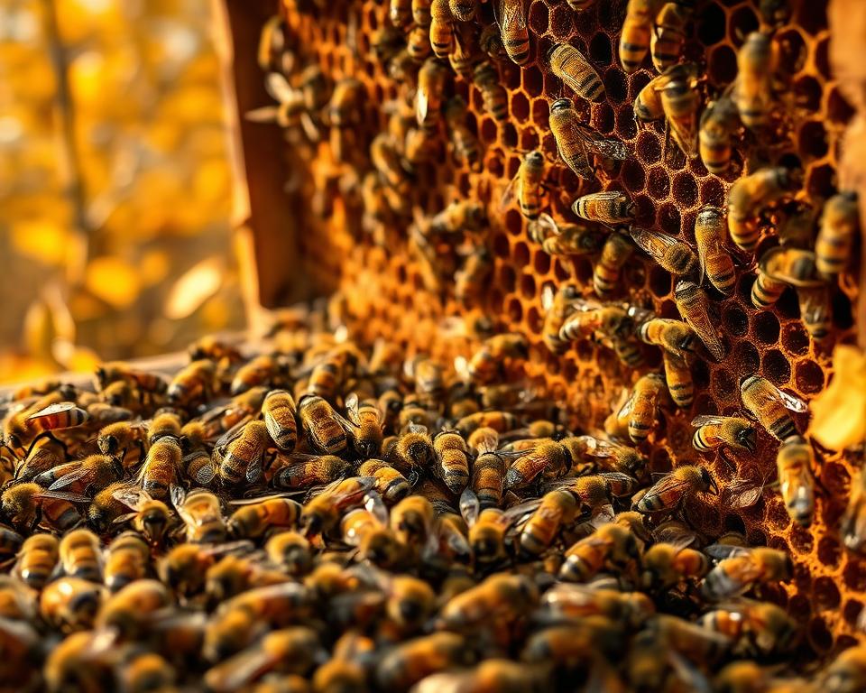 Autumn bee colony management: A close-up view of a bustling beehive in a golden autumn landscape. The foreground depicts a team of diligent worker bees tending to the honeycomb, their bodies covered in pollen. The middle ground showcases the hive entrance, with bees flying in and out, while the background features a vibrant autumnal scene of falling leaves and a warm, mellow lighting. The composition emphasizes the harmony between the bees' industrious activity and the changing of the seasons, conveying the importance of careful autumn hive management for a successful beekeeping season.