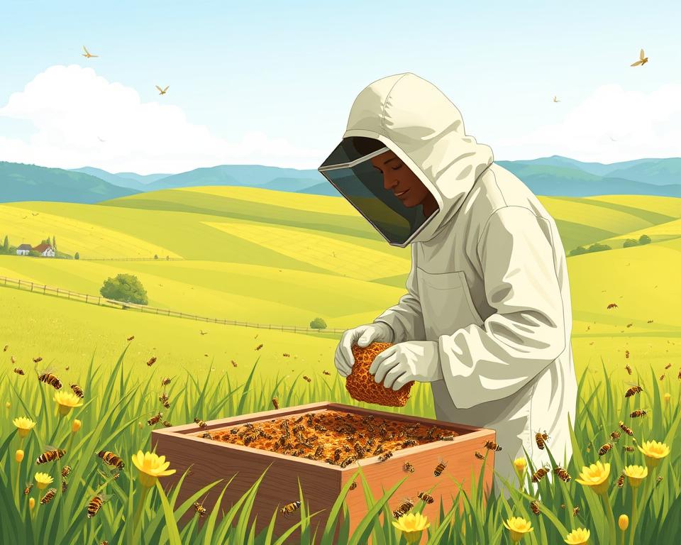 a detailed illustration of bee management tips, showing a beekeeper inspecting a beehive in a tranquil countryside setting, with lush green meadows, rolling hills, and a clear blue sky in the background. The beekeeper is wearing a protective suit and examines the honeycomb closely, surrounded by a swarm of busy bees. The image conveys a sense of harmony and the delicate balance of beekeeping, with a focus on the careful observation and management of the hive. The lighting is soft and natural, creating a warm, inviting atmosphere. The composition is well-balanced, with the beekeeper and the hive as the central focus, and the surrounding landscape providing a serene and picturesque backdrop.