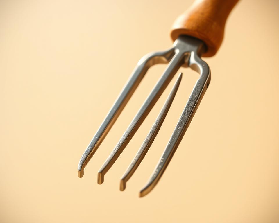 a high-resolution, detailed photograph of a honey extracting fork with a warm, natural lighting, shot from a slightly elevated angle to showcase its intricate design and functionality. The fork is the primary focus, positioned in the foreground with a clean, uncluttered background that allows the viewer to appreciate its form and the materials used in its construction. The metallic tines of the fork glisten, conveying the tool's robust and durable nature, while the wooden handle provides a tactile and organic contrast. The image should evoke a sense of the importance and utility of this essential beekeeping tool in the process of honey extraction.