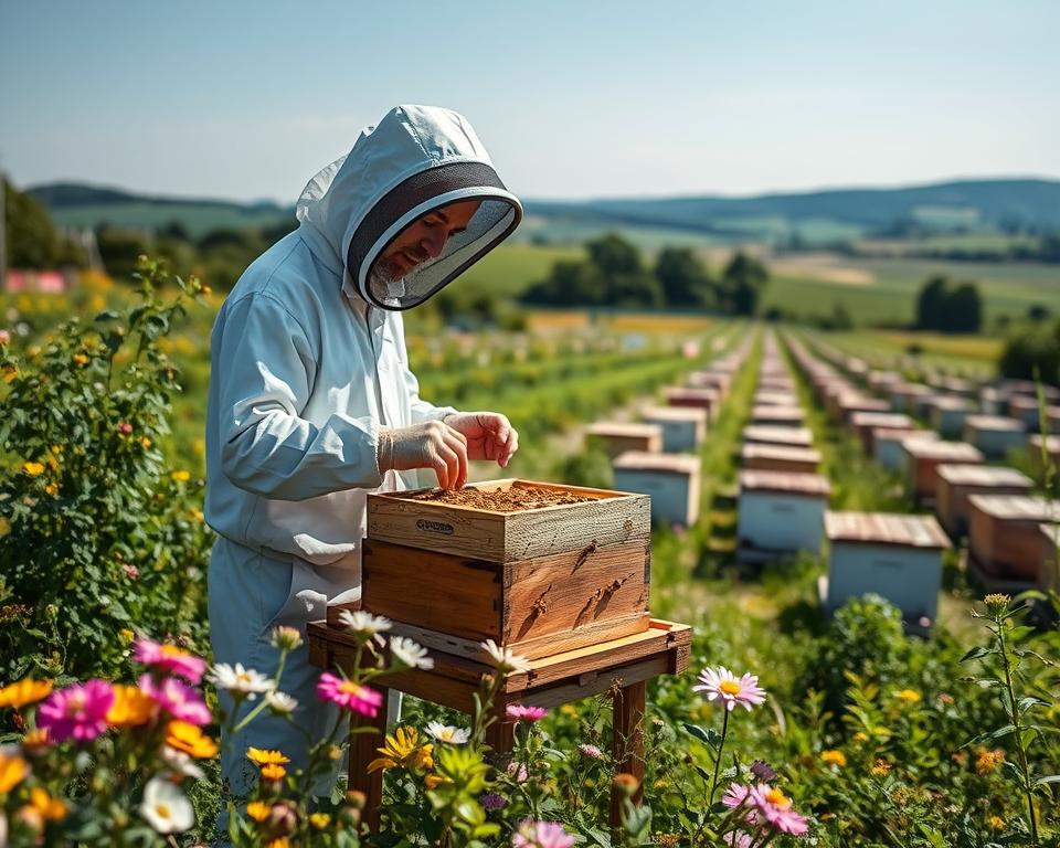 a photo of a beekeeper wearing a protective suit, standing in a lush, verdant garden, examining a beehive with a gentle and focused expression. The hive is situated on a wooden stand, surrounded by blooming flowers and buzzing bees in the foreground. In the middle ground, rows of additional hives are visible, and the background features a picturesque countryside landscape with rolling hills and a clear blue sky. The lighting is soft and natural, capturing the tranquility and harmony of the scene. The overall mood is one of serenity, care, and a deep appreciation for the delicate balance of nature.