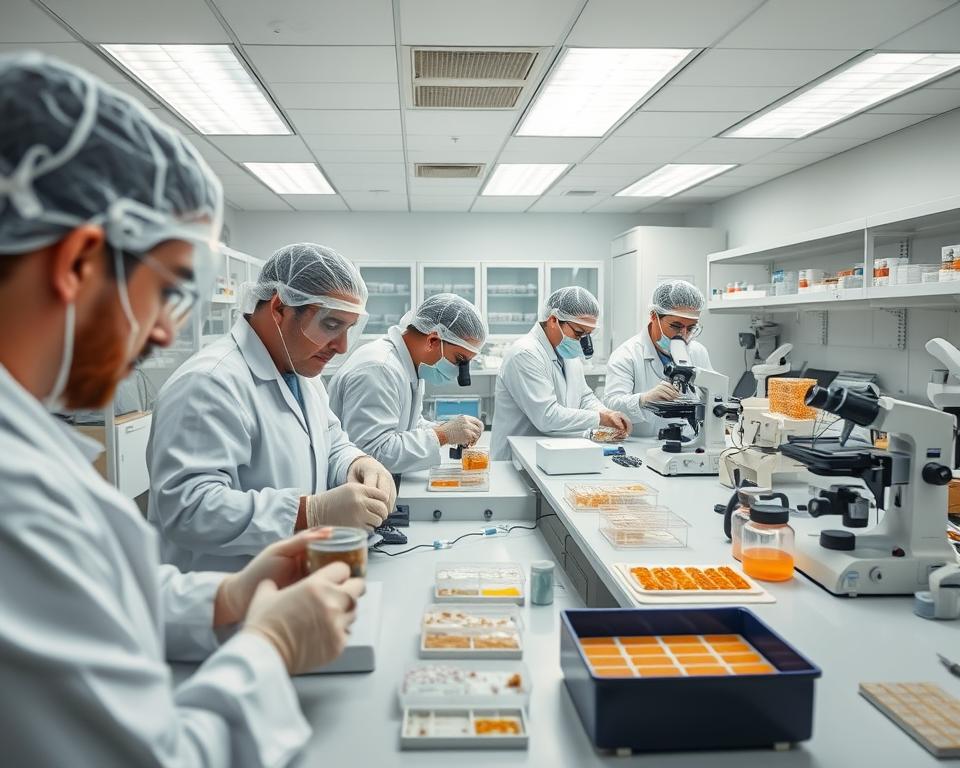 a professional laboratory with a sterile, clinical atmosphere. a team of scientists in white lab coats and protective gear examining samples of honeycomb under high-powered microscopes. the workspace is filled with scientific instruments, petri dishes, and analytical equipment. the lighting is bright and evenly distributed, casting a cool, analytical glow over the scene. the overall mood is one of focused, meticulous investigation into the causes and treatments of colony diseases affecting honeybees. the camera angle is slightly elevated, providing a comprehensive view of the lab's activities.