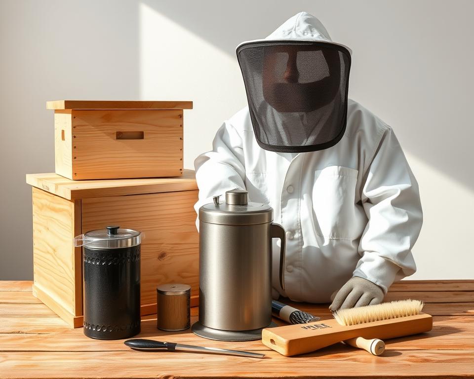 a professional still life photograph of beekeeping equipment including a wooden beehive box, a smoker, a beekeeping suit with veil, a hive tool, and a bee brush, arranged on a wooden surface with natural lighting and a clean, minimalist background, capturing the essential tools and materials required for responsible beekeeping in a visually appealing and informative manner.