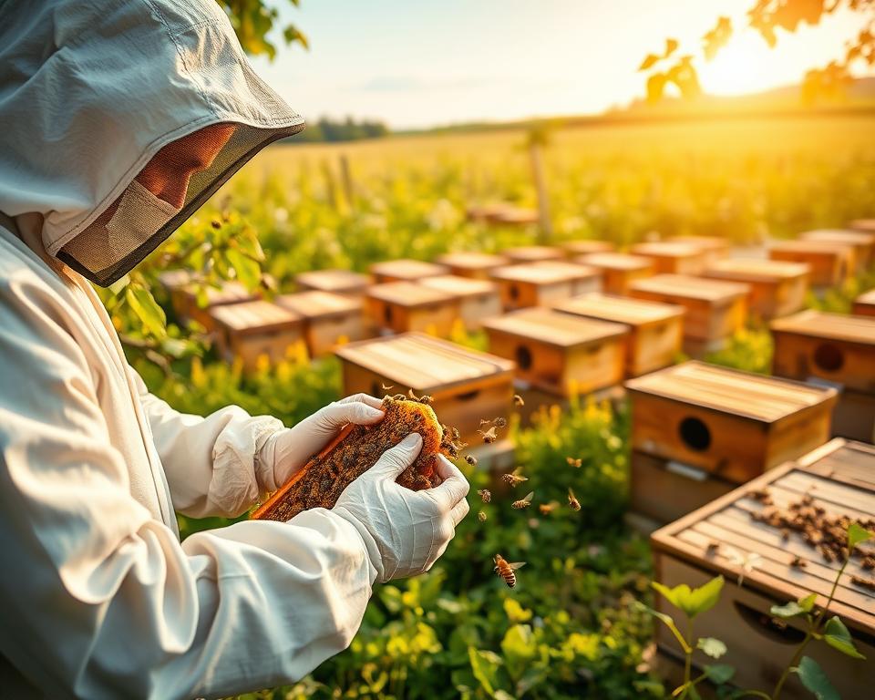 a vibrant, detailed scene of seasonal beekeeping practices in a lush, verdant setting. in the foreground, a beekeeper in a white protective suit carefully inspects a honeycomb, surrounded by buzzing honey bees. in the middle ground, rows of traditional wooden beehives are arranged neatly, their entrances alive with the activity of the industrious insects. in the background, a sprawling orchard or flower field provides a bountiful backdrop, with the warm glow of the sun filtering through the leaves and petals. the overall atmosphere is one of harmony, productivity, and the interconnectedness of nature.