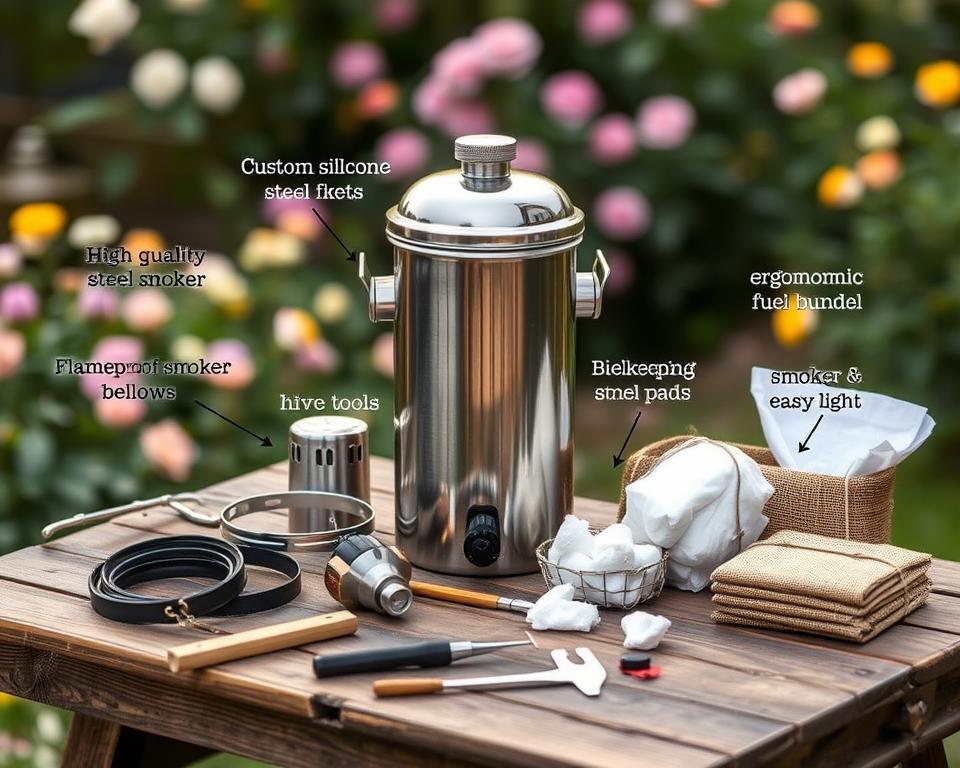 A beautifully arranged display of premium beekeeping smoker accessories, set on a rustic wooden table. In the foreground, highlight a high-quality stainless steel smoker, surrounded by custom silicone gaskets, a flameproof cover, and an ergonomic smoker bellows. In the middle ground, include assorted tools such as a beekeeping hive tool, a smoker fuel bundle, and various cotton and burlap pads for easy lighting. The background features a softly blurred garden scene with blooming flowers and greenery, creating a warm, inviting atmosphere. The lighting is soft and natural, evoking a sense of calm and serenity, with a slightly warm hue to emphasize the earthy tones of the accessories. The angle is slightly above eye level, focusing on the details while maintaining a balanced composition.