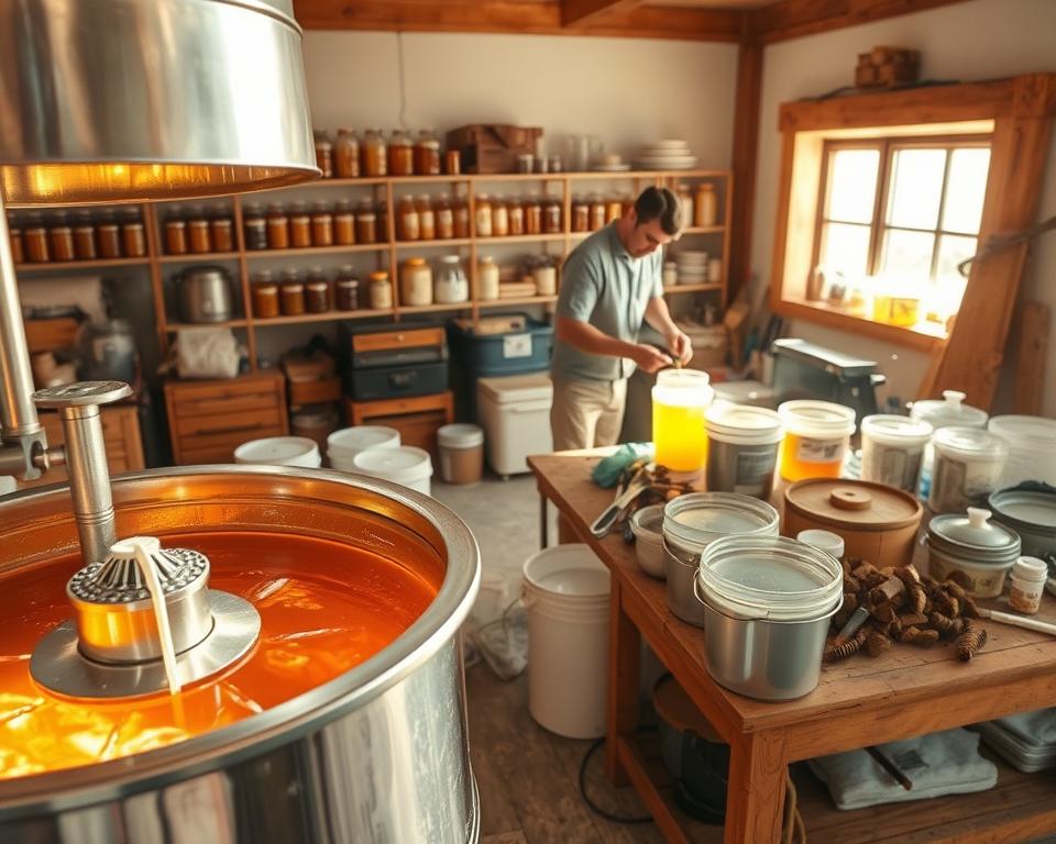 A bright and inviting honey extraction workshop scene, featuring an array of honey extraction equipment arranged methodically. In the foreground, a stainless steel honey extractor glistens under warm, soft overhead lighting, showcasing the intricate gears and transparency of honey within. Nearby, a sturdy wooden table is cluttered with cleaned wax cappings, buckets, and tools used for extracting honey. In the middle ground, a beekeeper in modest casual attire carefully washes out extraction containers, with a focus on cleanliness and organization. The background reveals shelves filled with jars of honey and equipment, bathed in natural light streaming through a window, creating a cozy, industrious atmosphere. The overall mood conveys a sense of diligence and care, emphasizing the importance of cleaning up after the honey extraction process.