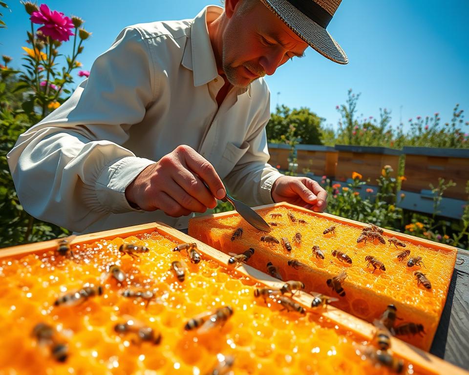 A close-up scene in a sunny apiary, showcasing a beekeeper in modest, professional attire gently inspecting a honey super filled with glistening honeycombs. In the foreground, there are detailed honeycomb frames, some with bees actively working, highlighting the intricacies of honey production. The middle ground features the beekeeper carefully examining the frames, with a focused expression, using tools like a hive tool and smoker. In the background, vibrant flowers bloom, and hives stand against a clear blue sky, creating a serene atmosphere. The lighting is warm and natural, emphasizing golden honey and the subtle activity of bees, imparting a sense of diligence and care in the process of honey production.