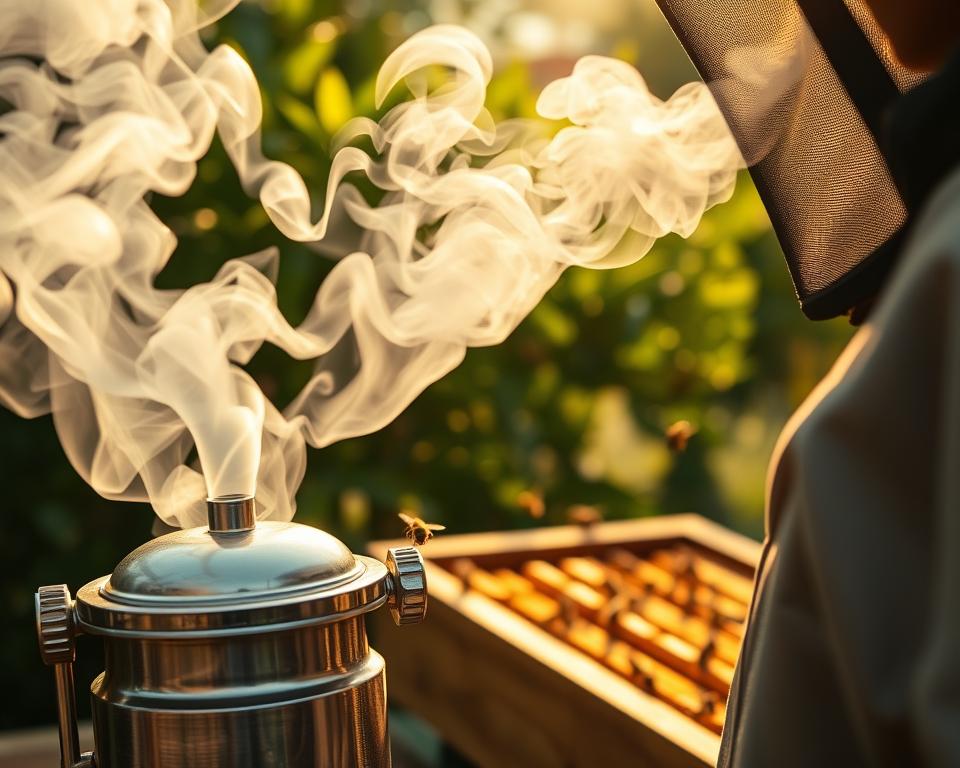 A close-up scene of a beekeeping smoker in use, with a beekeeper in professional attire gently puffing smoke towards a beehive. The smoker emits thick, swirling white smoke that contrasts against the warm golden tones of honeycomb and bees. In the foreground, the metallic smoker is detailed, showing its bellows and flame, while the middle ground reveals bees buzzing around the hive, appearing calm and unfazed by the smoke. The background includes lush greenery, with sunlight filtering through leaves, creating a serene atmosphere. The lighting is soft and warm, evoking a peaceful afternoon in a bee yard, captured from a slightly angled viewpoint to emphasize depth and focus on the smoker's functional beauty.