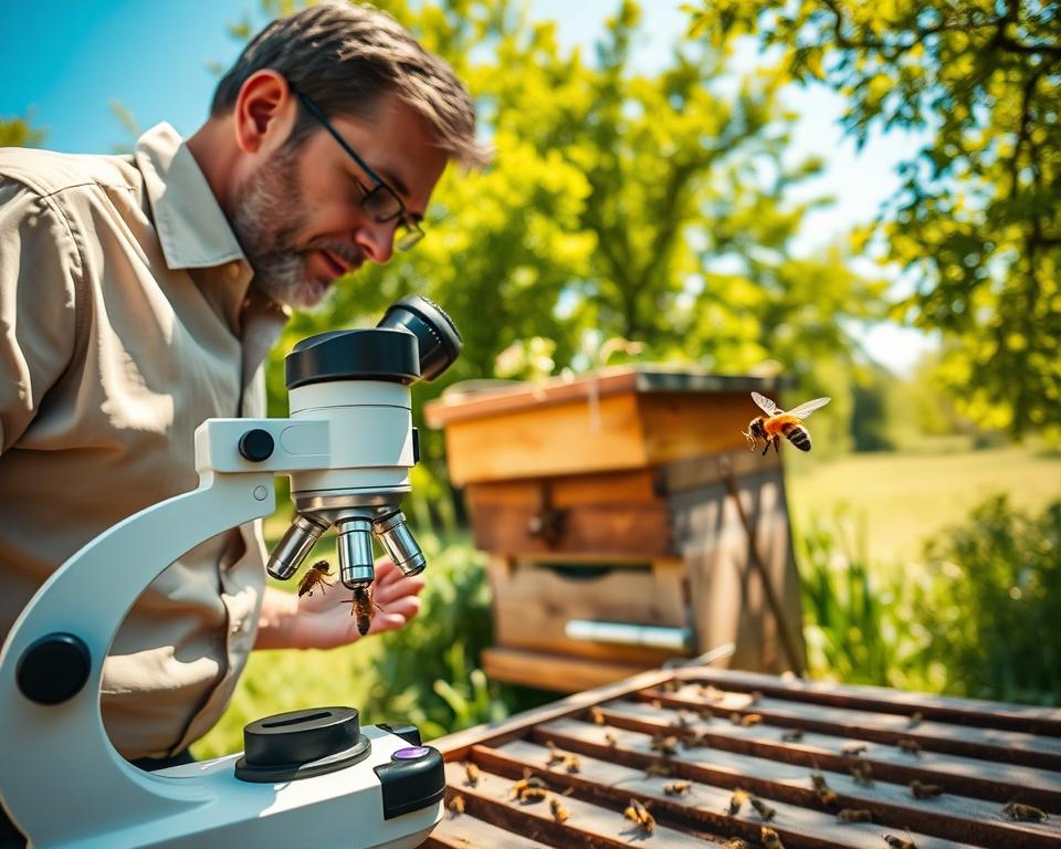 A close-up view of a Varroa mite monitoring setup in an apiary. In the foreground, a professional beekeeper in modest casual clothing observes a microscope with a clear focus on small Varroa mites on a bee's body. The middle ground displays a wooden hive with bees, some flying and others clustered around the entrance, while mite-monitoring tools like sticky boards and a cellophane sticky trap are placed nearby. In the background, lush green trees and a bright blue sky create a peaceful rural setting. The sunlight casts a warm, natural glow, enhancing the vibrant colors of the scene. The atmosphere conveys a sense of diligence and care in the management of bee health.