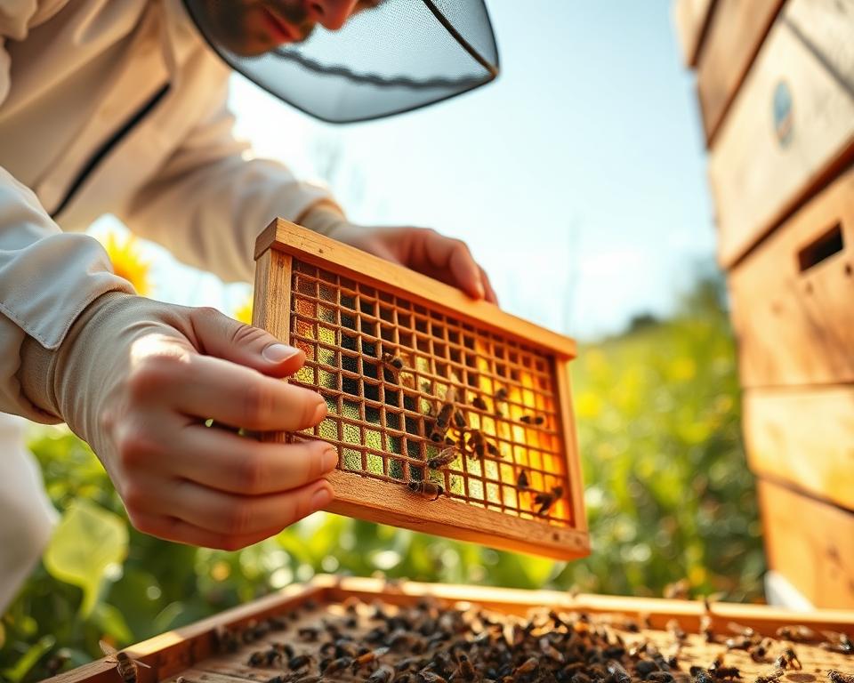 A close-up view of a beekeeper in professional attire meticulously inspecting a queen excluder in a well-lit apiary. In the foreground, the beekeeper's hands are gently holding a wooden queen excluder, showcasing its grid-like structure designed to allow worker bees while preventing the queen from passing through. The middle ground features a vibrant beehive surrounded by buzzing bees, while the background reveals lush greenery under a bright, sunny sky. The scene should convey a sense of care and attention to detail, with warm, natural lighting illuminating the excluder and bees, creating a tranquil and focused atmosphere. The angle should be slightly tilted to emphasize the excluder's texture and the beekeeper's diligent work.