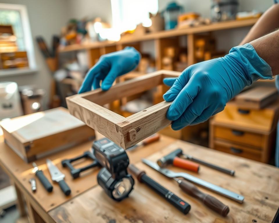 A close-up view of a beekeeper inspecting frame grips for damage in a well-lit apiary workshop. In the foreground, focus on a pair of hands wearing blue latex gloves gently holding a wooden beehive frame, emphasizing the texture of the grip and any potential wear. In the middle ground, display an array of tools like a hive tool and a small inspection flashlight, arranged neatly on a workbench. The background should showcase shelves filled with beekeeping equipment and natural light streaming through a window, creating a warm, inviting atmosphere. Capture the meticulous nature of the inspection with a shallow depth of field, highlighting the frame while softening the background details for a professional look. A close-up view of a beekeeper inspecting frame grips for damage in a well-lit apiary workshop. In the foreground, focus on a pair of hands wearing blue latex gloves gently holding a wooden beehive frame, emphasizing the texture of the grip and any potential wear. In the middle ground, display an array of tools like a hive tool and a small inspection flashlight, arranged neatly on a workbench. The background should showcase shelves filled with beekeeping equipment and natural light streaming through a window, creating a warm, inviting atmosphere. Capture the meticulous nature of the inspection with a shallow depth of field, highlighting the frame while softening the background details for a professional look.