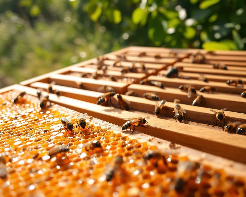 A close-up view of a beekeeping hive frame arrangement, showcasing several frames filled with honeycomb and bees in action. In the foreground, highlight the intricate details of the honeycomb, revealing the hexagonal patterns and glistening honey. The middle ground features a well-organized set of hive frames in natural wood, demonstrating an effective arrangement that allows for optimal space and airflow. Ensure bees are visibly working on the frames, adding life to the scene. The background should blur gently, hinting at a sunny garden environment, with soft sunlight filtering through leaves, creating a warm, inviting atmosphere. Capture the image at a slight angle to emphasize the depth of the frames and the activity of the bees, evoking a sense of harmony in nature.