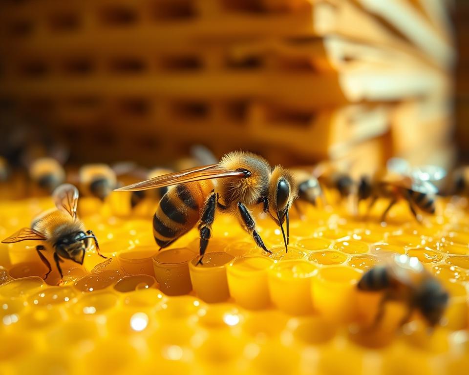 A close-up view of a freshly marked queen bee resting on a vibrant honeycomb, showcasing its distinctive features such as the long abdomen and prominent wings. In the foreground, droplets of honey glisten under soft natural lighting, emphasizing the richness of the hive environment. The middle ground focuses on the queen bee surrounded by worker bees, each exhibiting a calm and attentive demeanor, illustrating the careful post-marking care they provide. In the background, blurred hive frames stack neatly, hinting at the organized structure of the bee colony. The atmosphere conveys a sense of nurturing care and harmony within the hive, with warm, golden tones illuminating the scene to evoke a feeling of vitality and life.