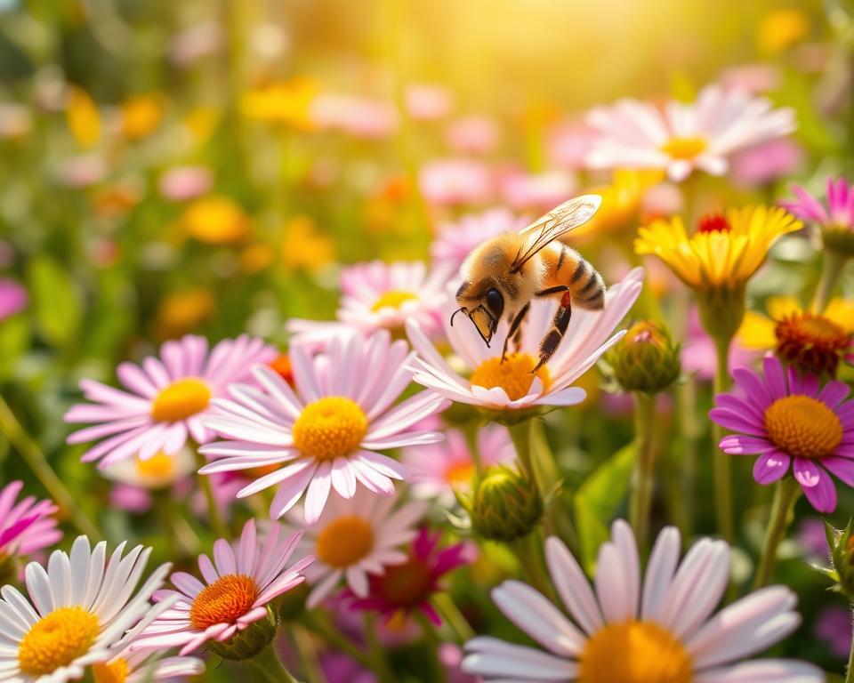 A close-up view of a honey bee foraging among vibrant, blooming flowers in a sunny garden setting. The bee, detailed with fuzzy yellow and black stripes, is captured mid-flight, hovering just above a delicate petal. Surrounding it, a variety of colorful wildflowers, including daisies and clover, create a lively foreground, representing the diverse food sources for bees. In the middle ground, hints of green foliage suggest a thriving ecosystem. The background features a soft-focus garden scene, infused with warm, golden sunlight that enhances the cheerful atmosphere. The composition is shot from a low angle, emphasizing the bee’s activity and the rich details of its environment, evoking a sense of urgency and importance in the pollination process.