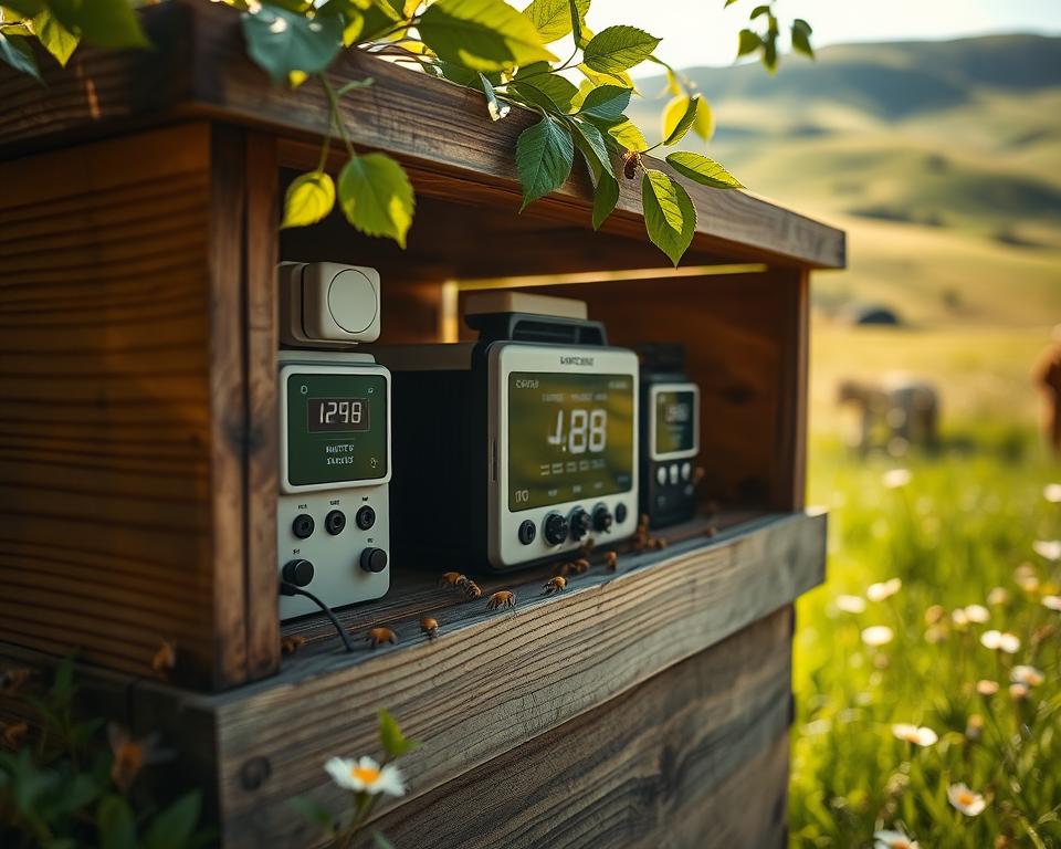 A close-up view of a modern hive monitoring system, elegantly designed with sleek sensors and digital displays, nestled in a rustic wooden beehive. In the foreground, vibrant bees are busy, illustrating a healthy hive environment. The middle section showcases the hive, with sunlight filtering through leaves, casting dappled shadows on the equipment. In the background, a lush green landscape with soft hills and wildflowers creates a serene atmosphere. Soft, warm lighting highlights the technological elements while maintaining a natural feel. The mood is harmonious and innovative, reflecting the intersection of nature and technology in beekeeping.