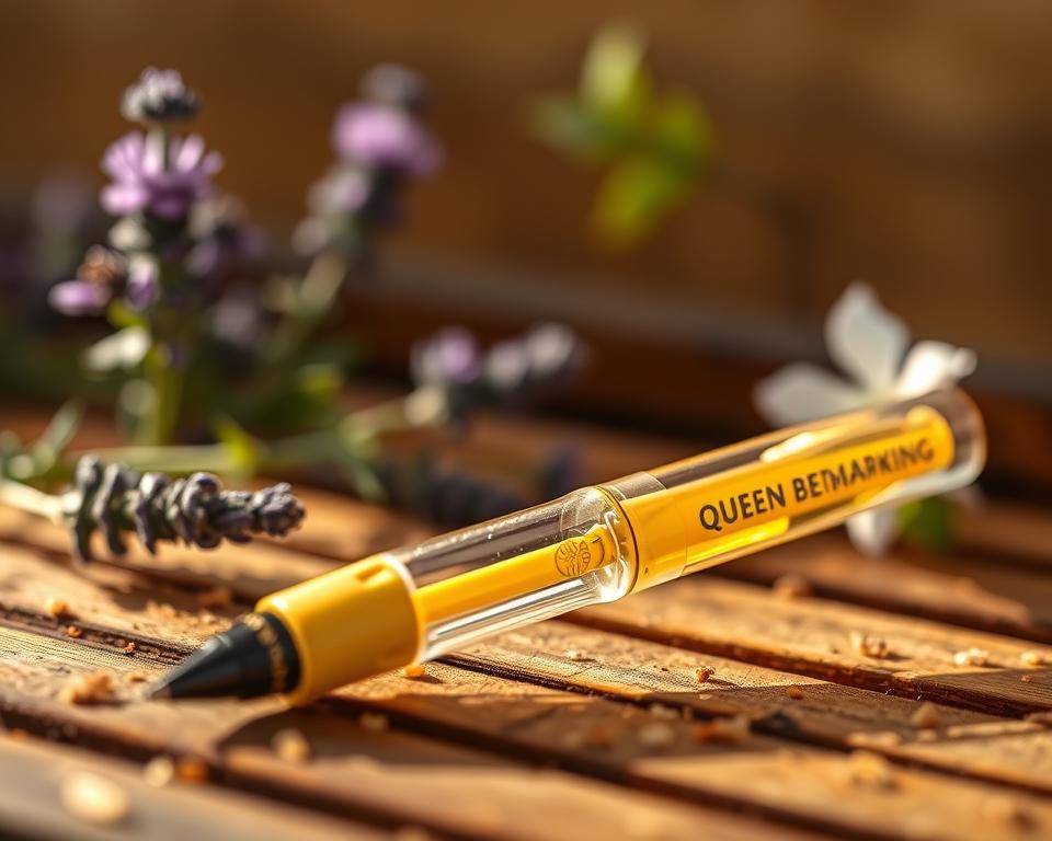 A close-up view of a queen bee marking pen, elegantly designed with a transparent barrel showcasing bright yellow ink. The pen is positioned upright on a wooden bee hive surface, surrounded by small honeycombs and a few flowers like lavender and clover in soft focus in the background. Warm, natural lighting creates a cozy atmosphere, highlighting the pen's glossy finish and intricate details. The depth of field emphasizes the pen in the foreground while softly blurring the hive and flowers, portraying a sense of calm and focus. Capture the essence of beekeeping and the importance of marking queen bees in this lively yet serene setting.