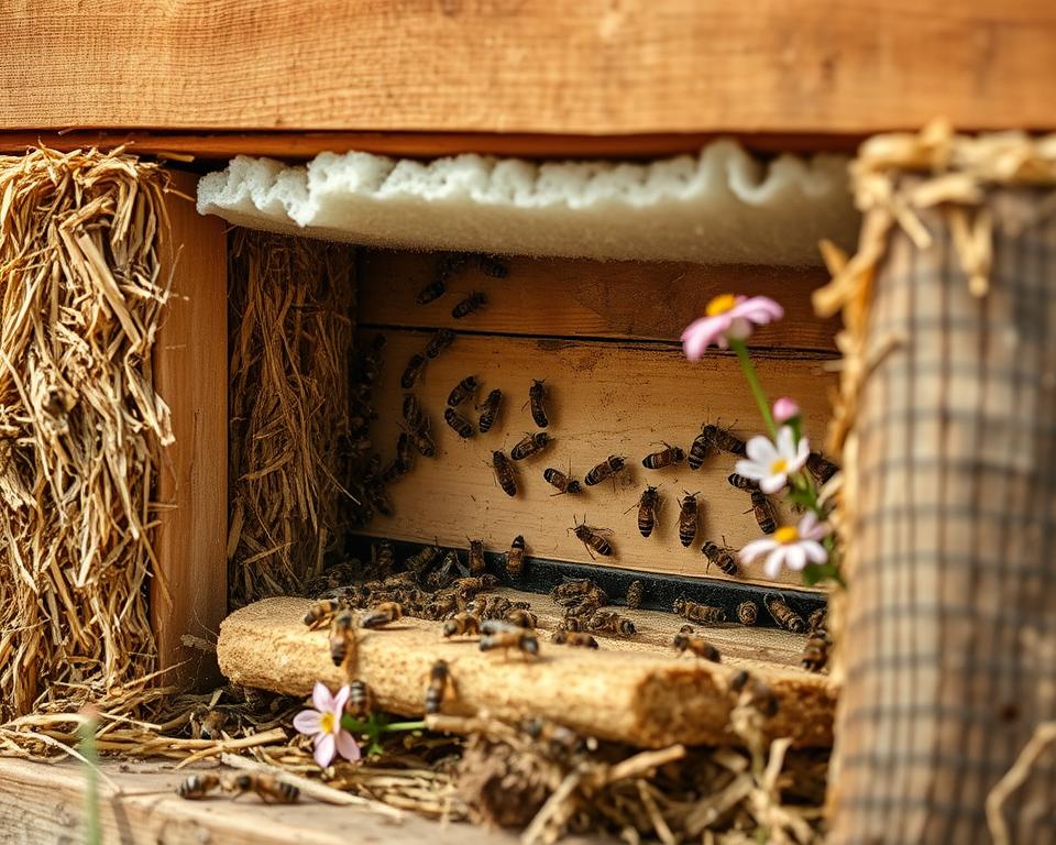 A close-up view of a well-insulated bee hive, showcasing various insulation methods such as straw, wood shavings, and foam panels. The foreground features bees buzzing around the entrance, with some clustered on the outer surface. In the middle ground, the hive structure is framed by straw bales and weathered wooden elements, emphasizing natural materials used in insulation practices. The background depicts a serene garden with blooming flowers, under soft, warm sunlight filtering through the leaves, evoking a cozy atmosphere. The image is captured with a slight focus on the hive while maintaining an overall depth of field. The mood is peaceful and industrious, illustrating the balance of comfort and functionality necessary for beekeeping.
