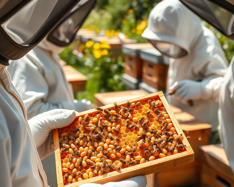 A close-up view of beekeepers in protective suits diligently performing brood inspection techniques in a sunny, outdoor apiary. In the foreground, a beekeeper holds a frame filled with healthy broods, showcasing clear patterns of larvae and capped cells. The middle features another beekeeper examining a hive with a hive tool, surrounded by buzzing bees, creating a lively atmosphere. The background displays rows of wooden beehives against a backdrop of blooming wildflowers and greenery, with soft, natural lighting illuminating the scene. The image captures a sense of professionalism and dedication, emphasizing the importance of observation in beekeeping. Use a shallow depth of field to focus on the action, creating a warm and inviting mood. A close-up view of beekeepers in protective suits diligently performing brood inspection techniques in a sunny, outdoor apiary. In the foreground, a beekeeper holds a frame filled with healthy broods, showcasing clear patterns of larvae and capped cells. The middle features another beekeeper examining a hive with a hive tool, surrounded by buzzing bees, creating a lively atmosphere. The background displays rows of wooden beehives against a backdrop of blooming wildflowers and greenery, with soft, natural lighting illuminating the scene. The image captures a sense of professionalism and dedication, emphasizing the importance of observation in beekeeping. Use a shallow depth of field to focus on the action, creating a warm and inviting mood.