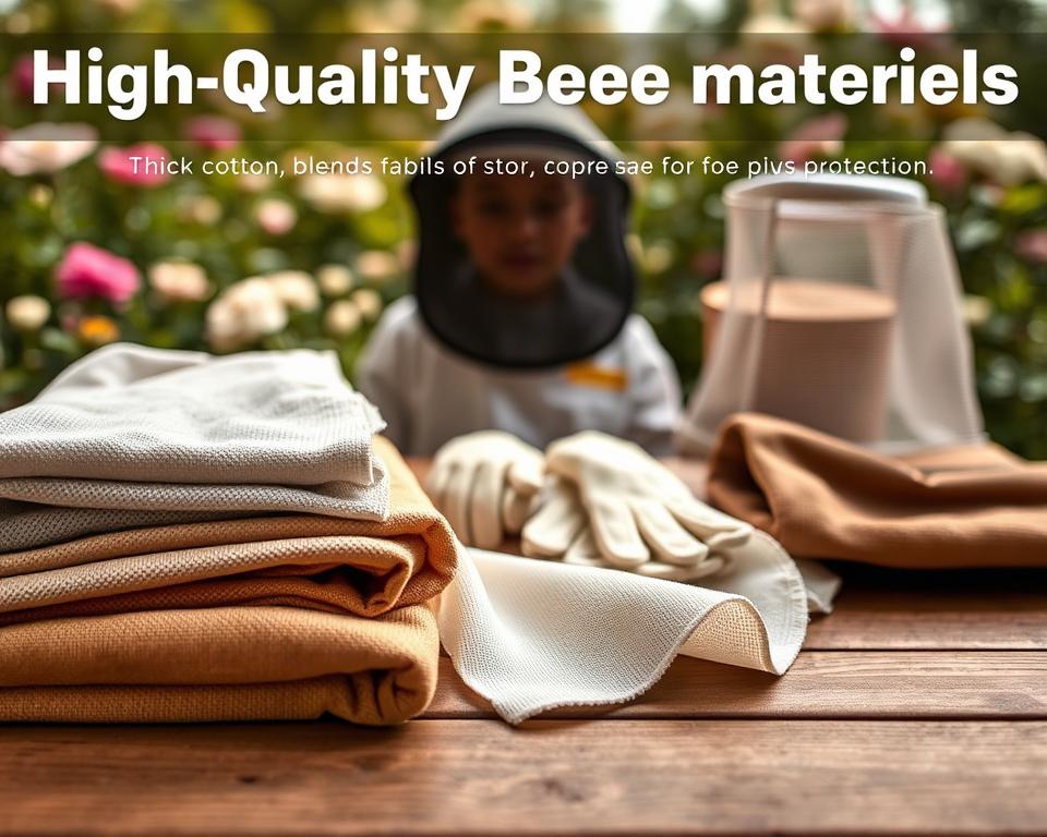 A close-up view of high-quality bee suit materials displayed on a wooden table, showcasing various textures and colors appropriate for beekeeping protection. The foreground features a selection of thick, durable fabrics like cotton blends, vinyl, and mesh, each labeled for easy identification. In the middle, a well-equipped beekeeping setup is arranged with gloves and a beekeeping veil, subtly hinting at their protective function. The background consists of a soft-focus garden with flowering plants, suggesting a natural beekeeping environment. The lighting is warm and natural, creating an inviting atmosphere, with a slight overhead angle that emphasizes the materials' quality. This image aims to illustrate the importance of choosing the right material while retaining a calm and informative mood.