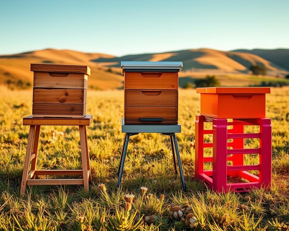 A comparison of various hive stands for beekeeping, arranged side by side on a grassy field under warm late afternoon sunlight. In the foreground, prominently display three distinct hive stands: a wooden, rustic stand with a weathered finish, a modern metal stand with a sleek design, and a budget-friendly plastic stand in vibrant colors. Each stand holds beehives of different sizes, showcasing their compatibility. The middle ground features blooms of wildflowers, adding a splash of color and attracting bees. In the background, a serene landscape of rolling hills and a clear blue sky conveys a peaceful atmosphere. The scene is captured from a low angle to emphasize the stands' sturdiness and variety, with soft, golden lighting enhancing the natural beauty of the setting, creating a welcoming and informative vibe.