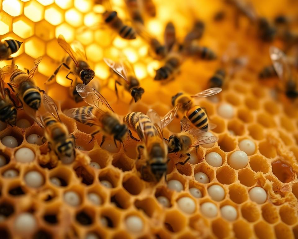 A detailed close-up of healthy bee brood cells within a honeycomb structure, showcasing both eggs and developing larvae in various stages. In the foreground, vibrant yellow and black honey bees are gently tending to the brood, emphasizing their role in nurturing and maintaining hive health. The middle ground should feature a variety of brood cells, with some capped, illustrating different stages of development. The background can include a softly blurred beehive interior, creating depth. The lighting is warm and natural, reminiscent of sunlight filtering through a beehive, creating an inviting, serene atmosphere. Capture this scene from a slight angle to enhance the texture and details of the honeycomb and bees, conveying a sense of harmony and health within the colony. A detailed close-up of healthy bee brood cells within a honeycomb structure, showcasing both eggs and developing larvae in various stages. In the foreground, vibrant yellow and black honey bees are gently tending to the brood, emphasizing their role in nurturing and maintaining hive health. The middle ground should feature a variety of brood cells, with some capped, illustrating different stages of development. The background can include a softly blurred beehive interior, creating depth. The lighting is warm and natural, reminiscent of sunlight filtering through a beehive, creating an inviting, serene atmosphere. Capture this scene from a slight angle to enhance the texture and details of the honeycomb and bees, conveying a sense of harmony and health within the colony.