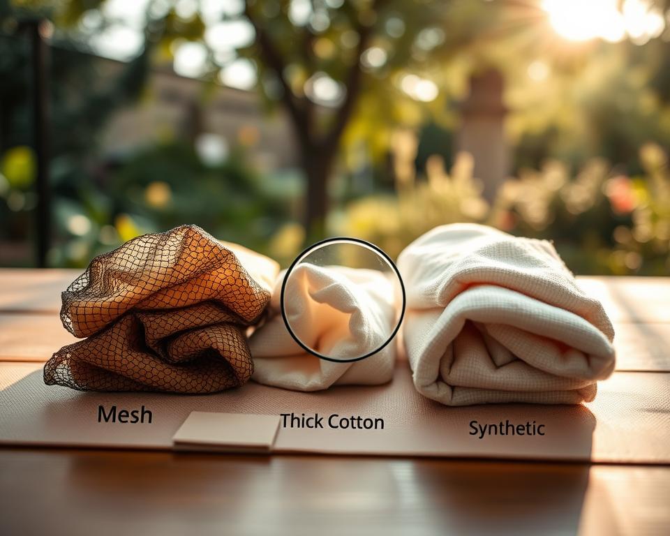 A detailed comparison image showcasing various types of protective bee suit materials arranged neatly on a table. In the foreground, three distinct bee suit fabric samples, showcasing textures like mesh, thick cotton, and synthetic materials, each labeled subtly. In the middle, a magnifying glass examining the textures, highlighting the differences. The background features a soft-focus outdoor garden setting, with gentle sunlight filtering through the trees, creating a warm and inviting atmosphere. The image is captured with a DSLR lens at a low angle to emphasize the details of the fabrics, with soft natural lighting enhancing the textures. The mood is educational and informative, reflecting the careful analysis of material cost factors in protective bee suits.