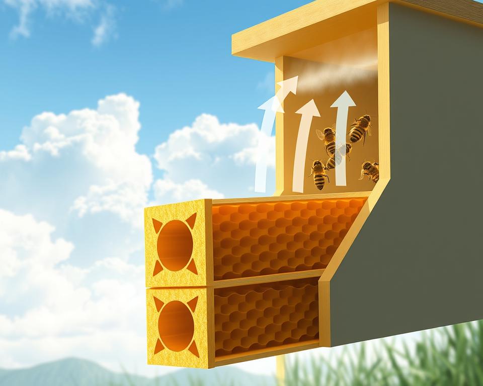A detailed illustration of an abstract bee hive showcasing the air circulation dynamics within the structure. In the foreground, depict cross-sectional views of the hive's layered honeycomb, highlighting openings and vents. In the middle ground, visualize warm air rising from the bees, creating a gentle upward draft, with arrows indicating airflow direction. The background should present an outdoor scene reflecting changing weather conditions—clouds rolling in, a hint of rain, and sunlight breaking through, symbolizing temperature fluctuations. Utilize soft, diffused lighting to create a calm atmosphere, with a focus on blues and yellows to evoke a sense of warmth contrasted against cool weather. The composition should be aerial, looking down into the hive from a slight angle, promoting a scientific and informative feel.