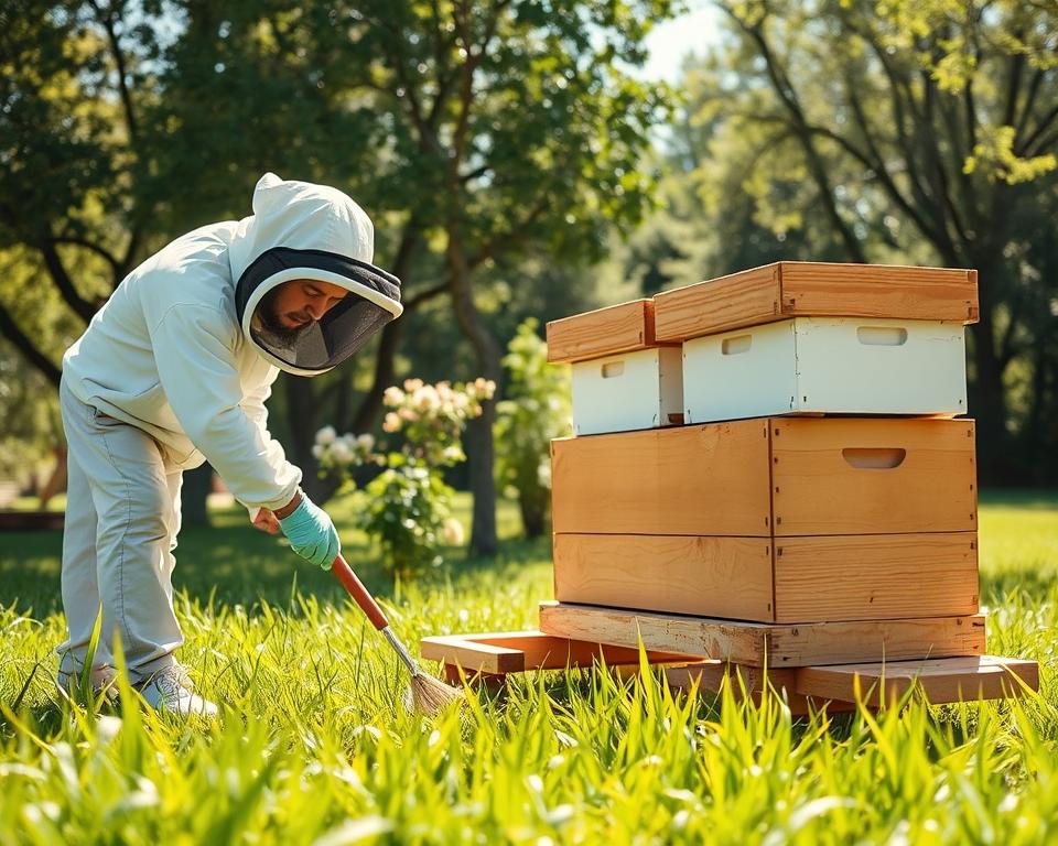 A detailed scene of hive stand maintenance in a sunny, outdoor bee yard. In the foreground, a beekeeper in professional attire, wearing protective gloves and a veil, is inspecting a sturdy wooden hive stand with hives arranged neatly on it. Tools for maintenance, such as a brush and a hive tool, are visible beside him. In the middle ground, lush green grass surrounds the area, with a few flowering plants enhancing the natural setting. The background features trees providing dappled sunlight, creating a warm and inviting atmosphere. The image should be captured from a slightly low angle to emphasize the hive stand while soft, natural lighting highlights the textures of the wood and the vibrant colors of the flowers, evoking a sense of care and nurturing for the bees.